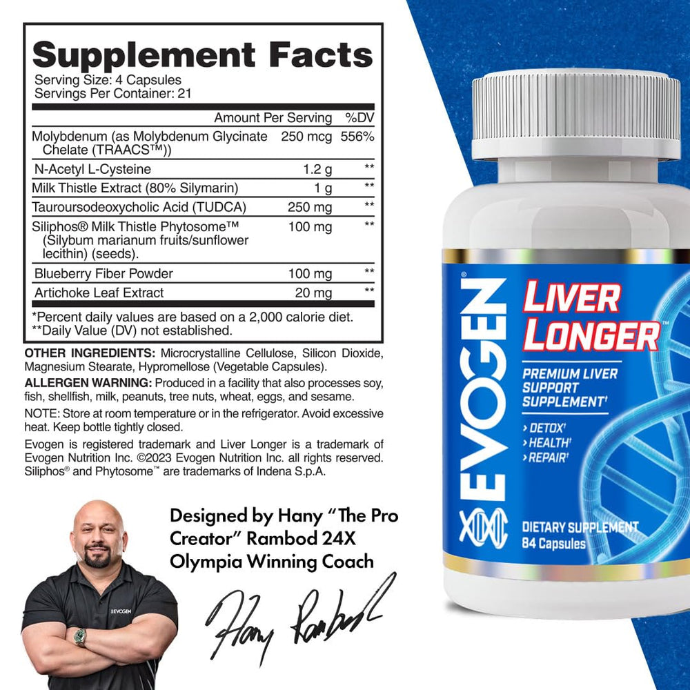 Evogen Liver Longer capsules close-up, premium NAC and Milk Thistle blend for liver health.