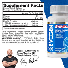 Evogen Omega softgels close-up highlighting easy-to-swallow capsules