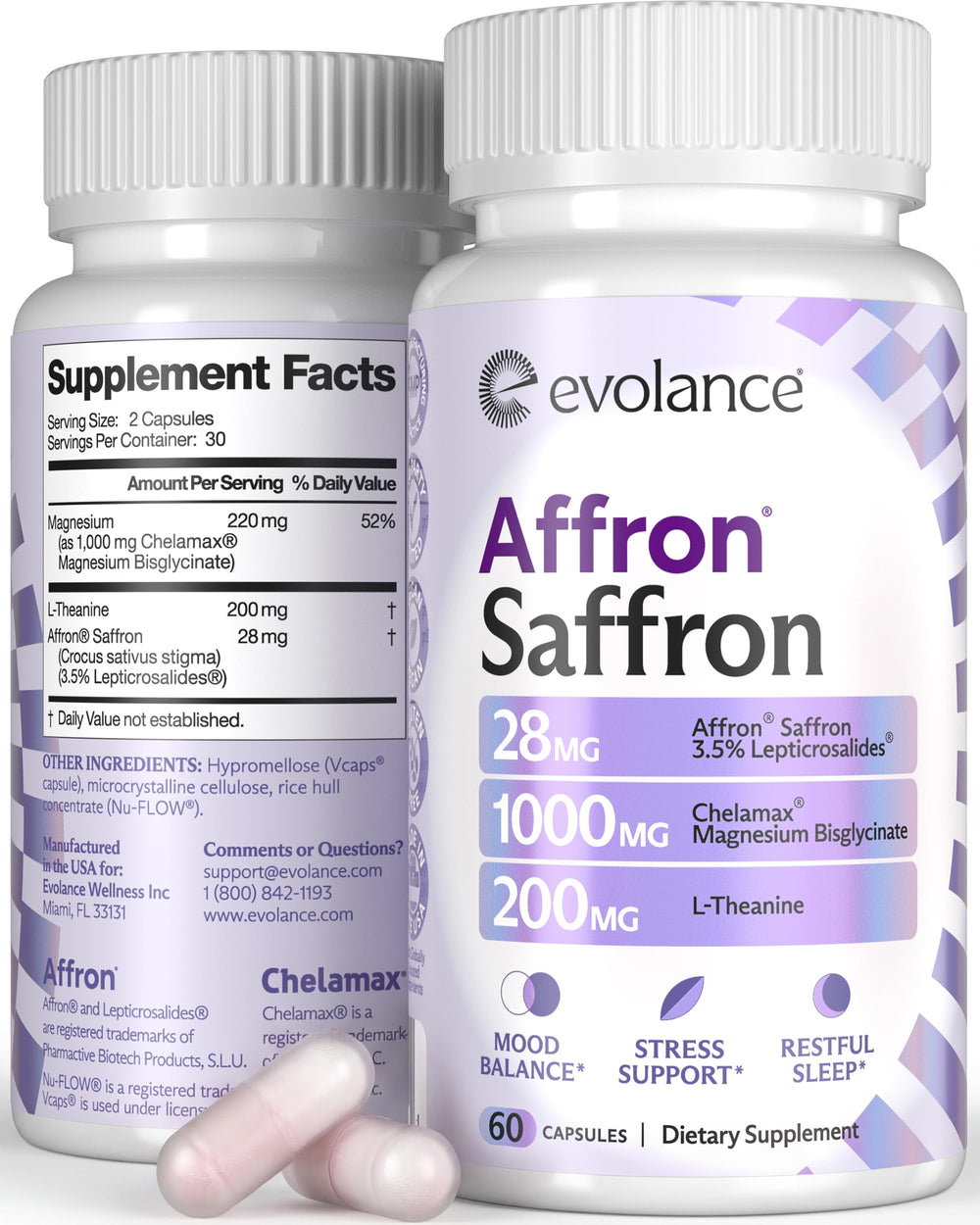 Evolance saffron supplement bottle for daily calm and focused energy.