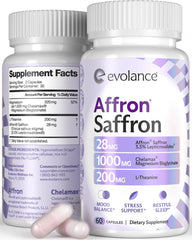 Evolance saffron supplement bottle for daily calm and focused energy.