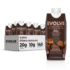 Evolve double chocolate protein shake bottle highlighting a tasty plant-based option for active lifestyles.