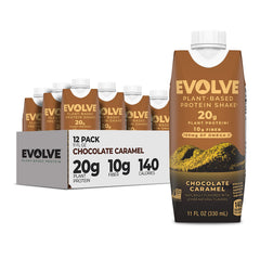 Evolve Plant Based Protein Shake chocolate caramel bottle with 20g protein per serving