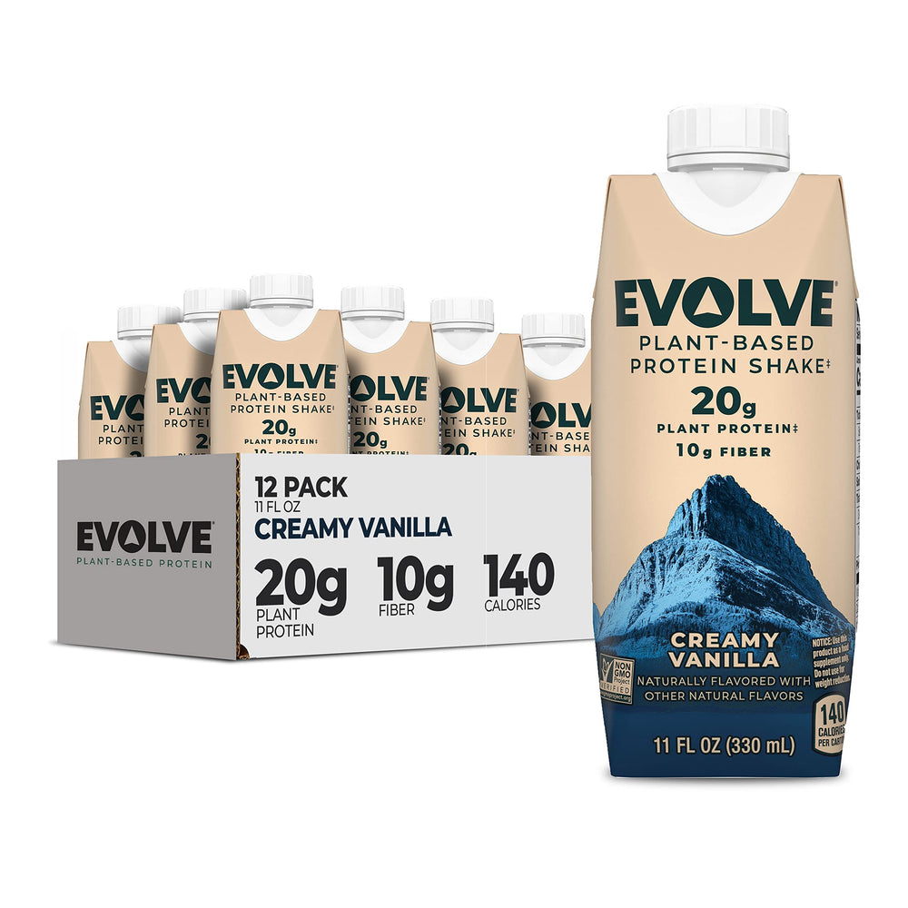 Evolve Vanilla Bean plant-based protein shake bottle pack of 12; convenient daily protein.