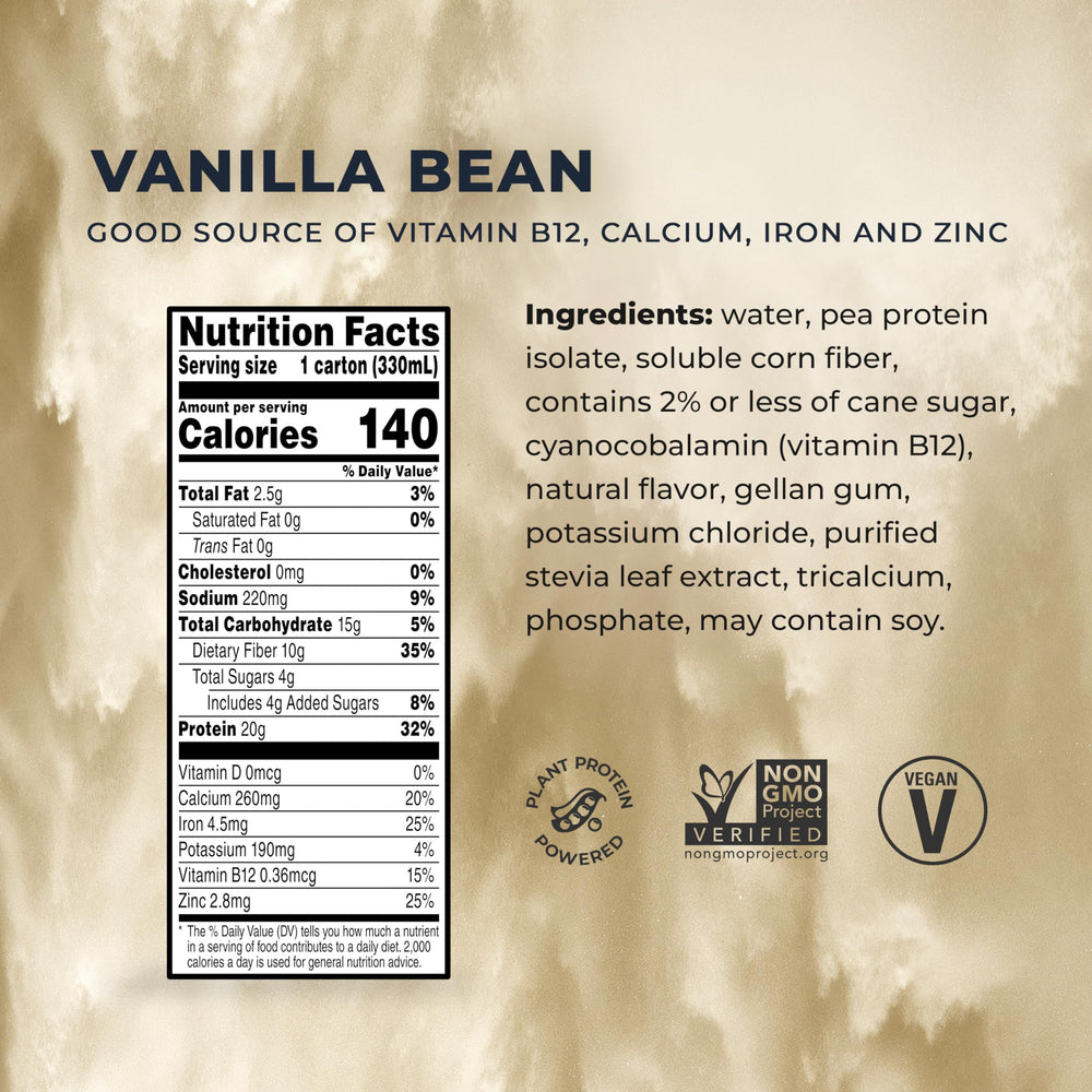 Evolve Vanilla Bean label close-up; non-GMO plant protein with fiber support.