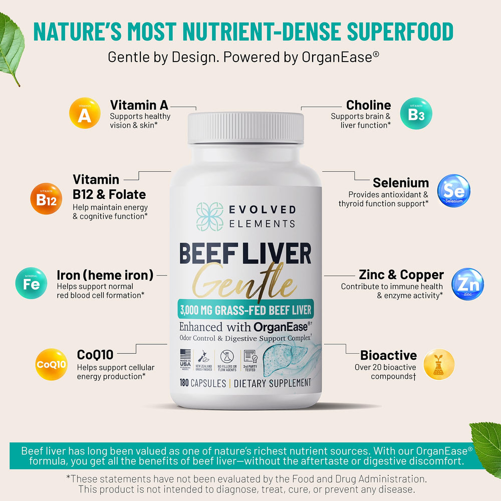 New Zealand grass-fed pastures provide the premium source for Evolved Elements Beef Liver Gentle.