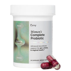 Evvy complete probiotic bottle front view supporting gut, urinary, and vaginal health