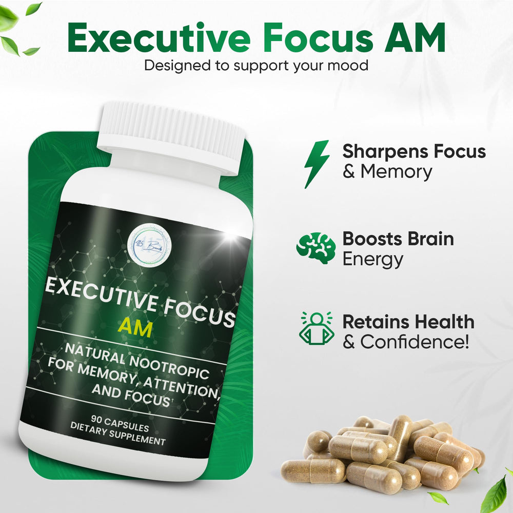 Executive Focus packaging with bottle on a clean desk for daily use