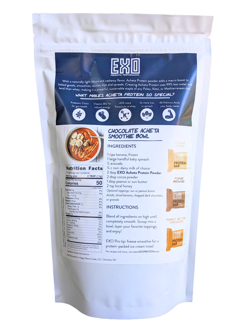 EXO Pure Cricket Protein Powder ingredients panel highlights nutrition and allergen-free formula