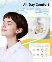EXOVOW ear plugs sleep 45dB four tip sizes XS to L for fit.