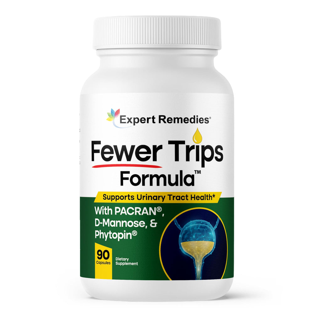 Expert Remedies Fewer Trips Formula bottle and pour for daily bladder support