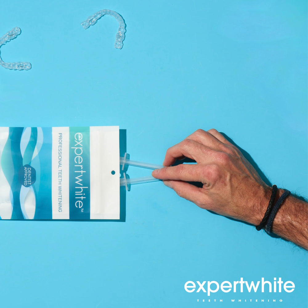 Enamel-safe formula sign beside Expertwhite gel for natural-tooth whitening.