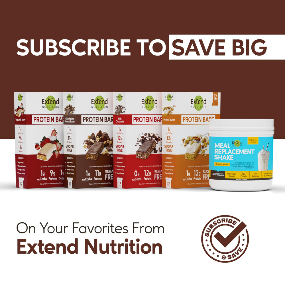 Extend Bar nutrition facts label highlighting 11g protein and 0g sugar per bar.