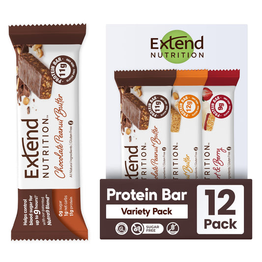 Extend Bar variety pack sugar-free bars on shelf as a low-sugar snack option.