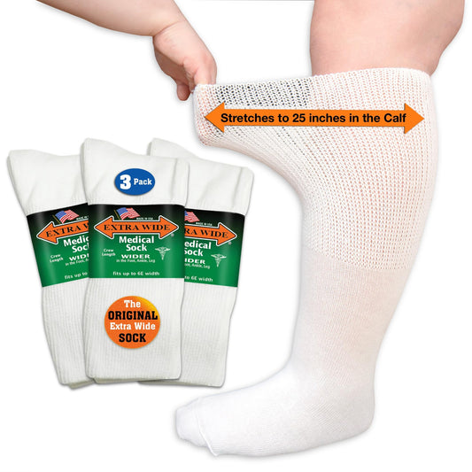 Extra Wide Medical mid calf crew socks front view, comfortable fit for wide feet