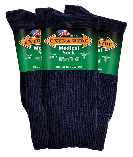 Extra Wide Medical mid-calf crew socks, navy, roomy fit for swollen feet.