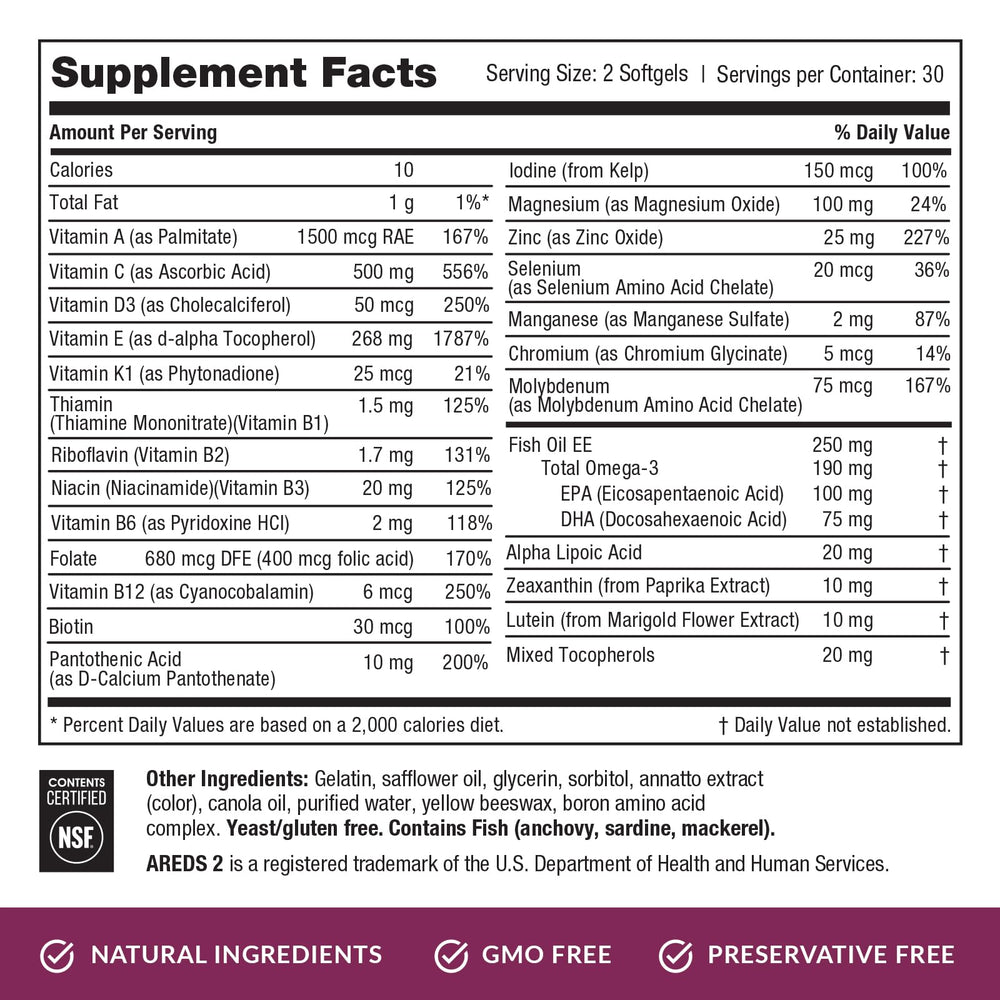 EyePromise Macular Health Complete two-softgel daily dose shown on plate