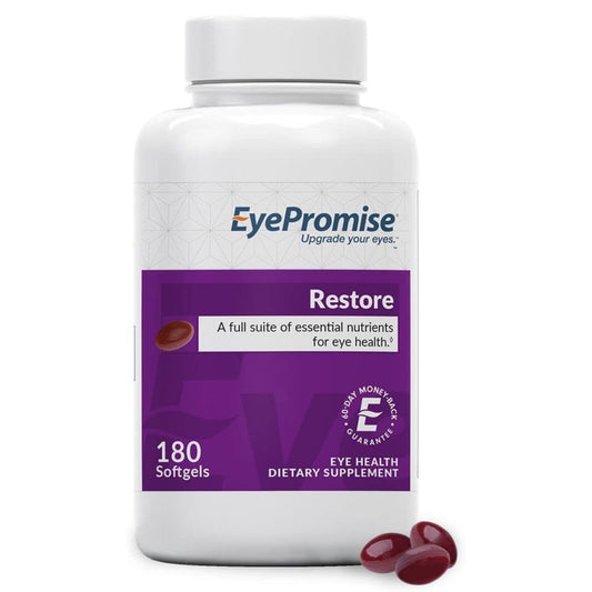 EyePromise Restore bottle front with capsules for eye health support.