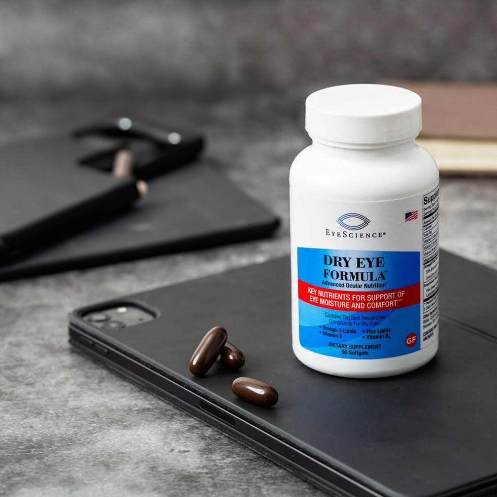EyeScience Dry Eye Formula dosage chart showing three-softgel daily regimen