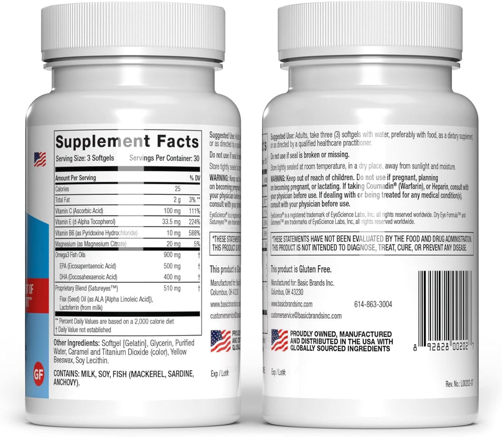 EyeScience Dry Eye Formula softgels close-up highlighting omega-3 capsules