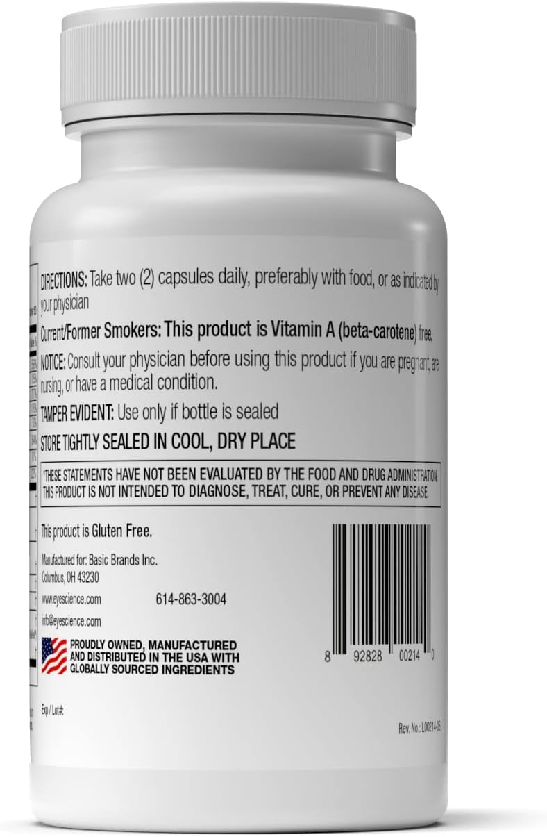 EyeScience Macular Health Formula ingredients chart communicates carotenoids and vitamins for eye support.