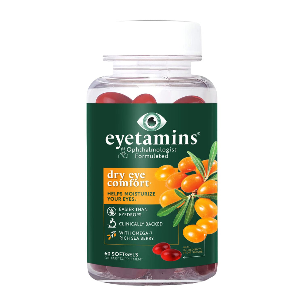 eyetamins Dry Eye Comfort packaging emphasizes vegan, non-GMO formulation for healthy eyes