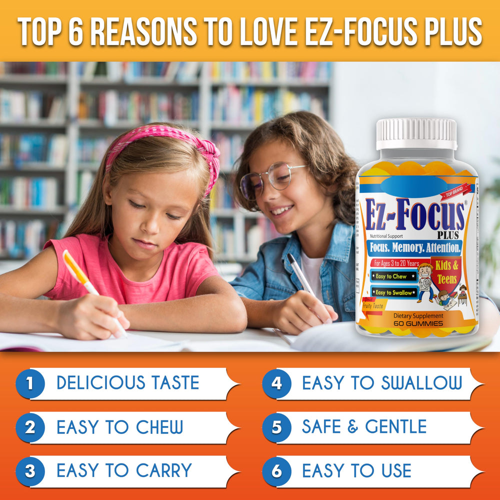 Ez-Focus Plus easy-to-chew gummies for kids’ daily supplement.
