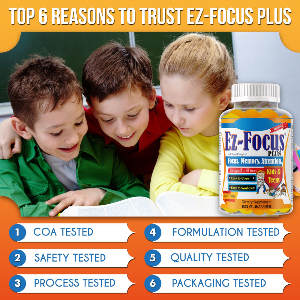 Ez-Focus Plus non-stimulant omega-3 gummies without caffeine.