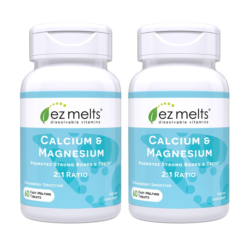 EZ Melts Calcium and Magnesium bottle front shows convenient daily minerals in vegan strawberry formula