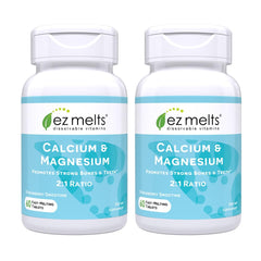 EZ Melts Calcium and Magnesium bottle front shows convenient daily minerals in vegan strawberry formula