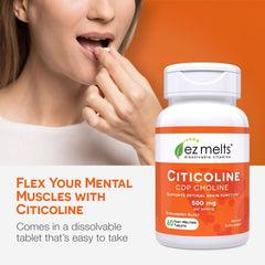 EZ Melts Citicoline bottle front label shows vegan, non-GMO benefits.