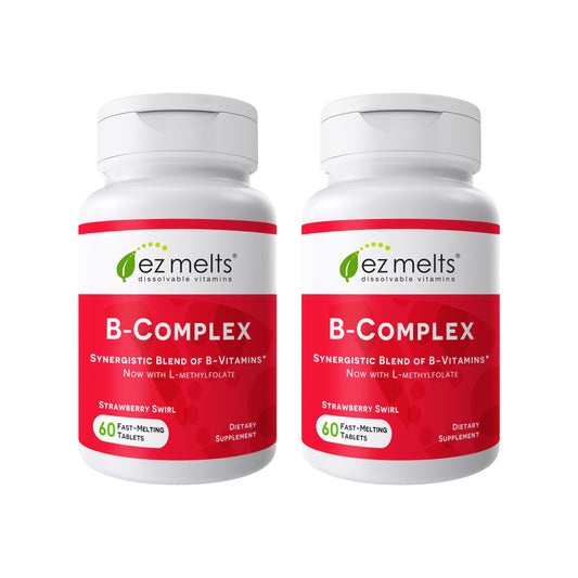 EZ Melts Dissolvable B-Complex bottle front with strawberry swirl for quick daily energy