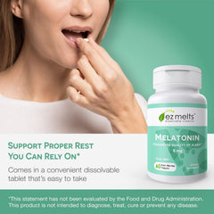 Mint flavored EZ Melts Melatonin tablet ready to dissolve during bedtime.