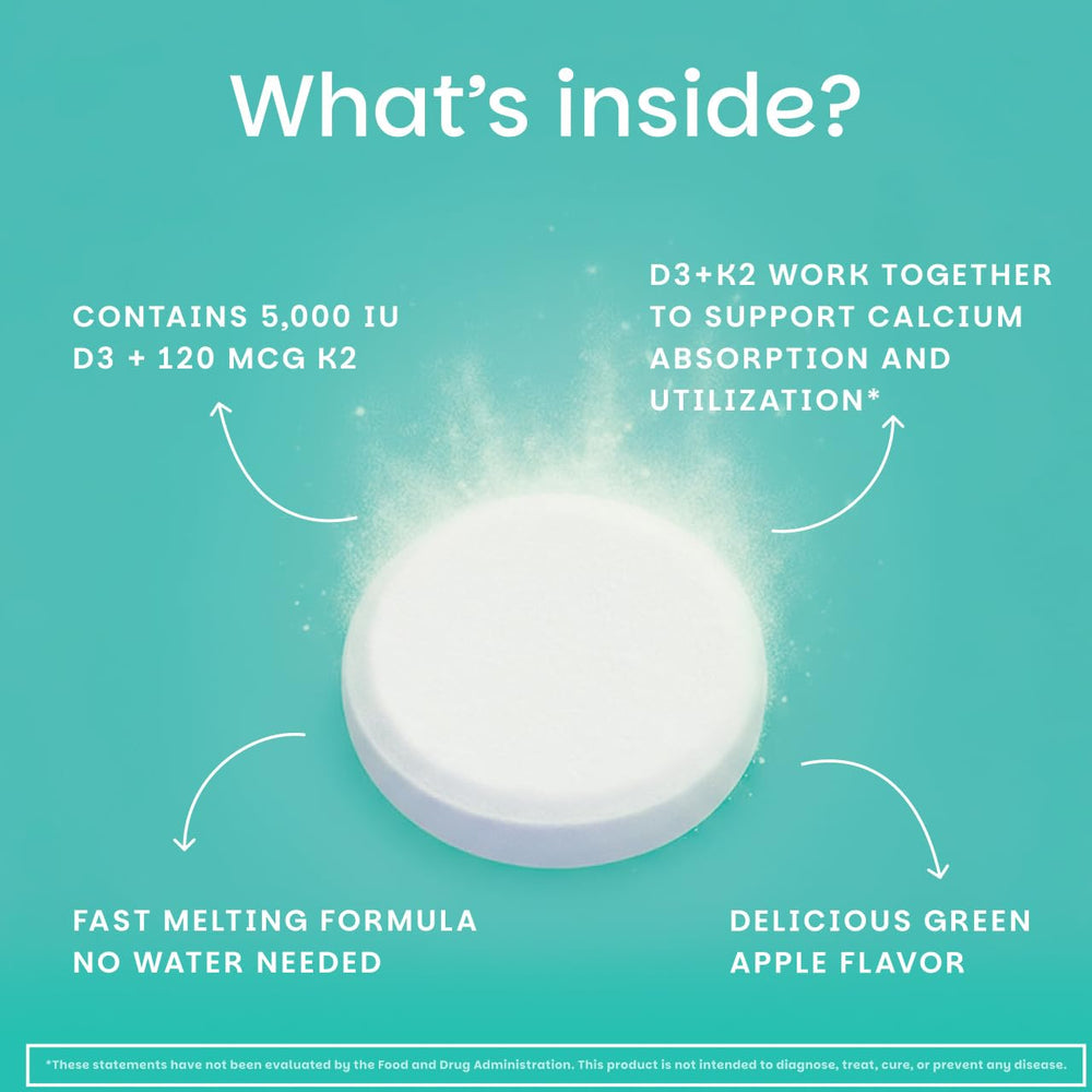 Close-up of EZ Melts vitamin D3 + K2 tablets for bone and heart support.