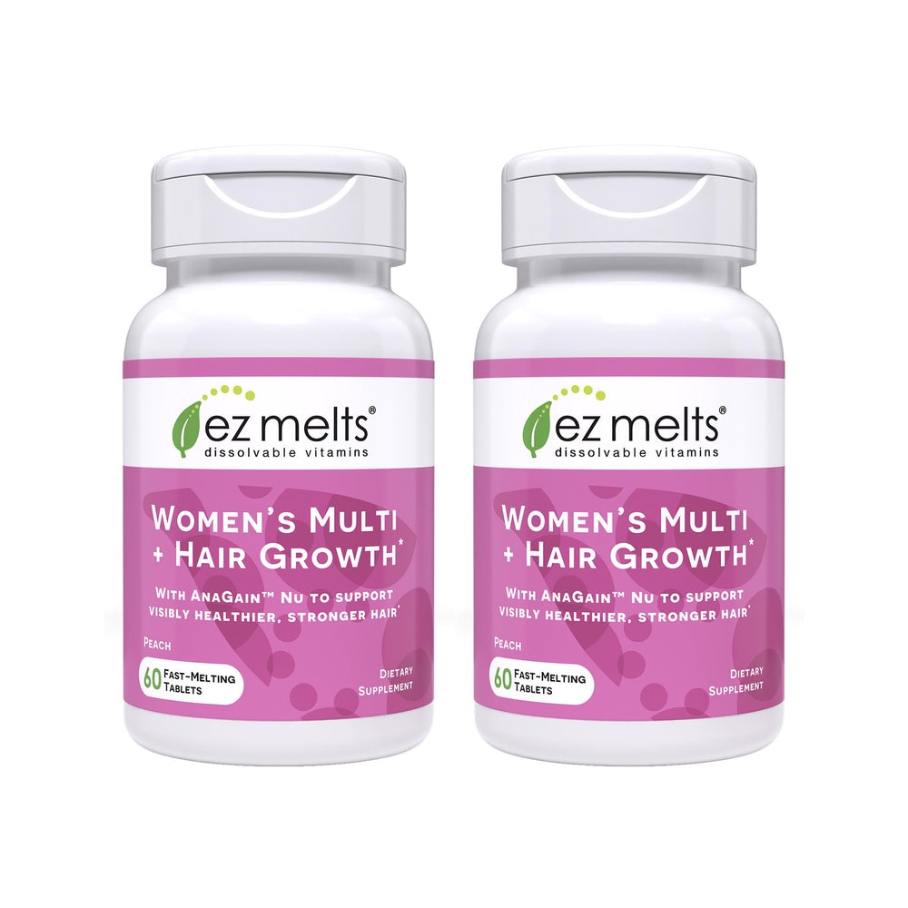 EZ Melts Womens Multi Hair Growth peach bottle with dissolvable tablets for daily energy