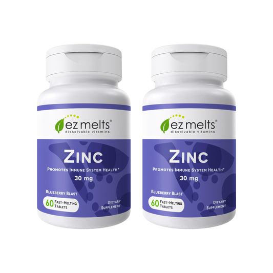 EZ Melts Zinc bottle shows Blueberry Blast flavor for convenient immune support