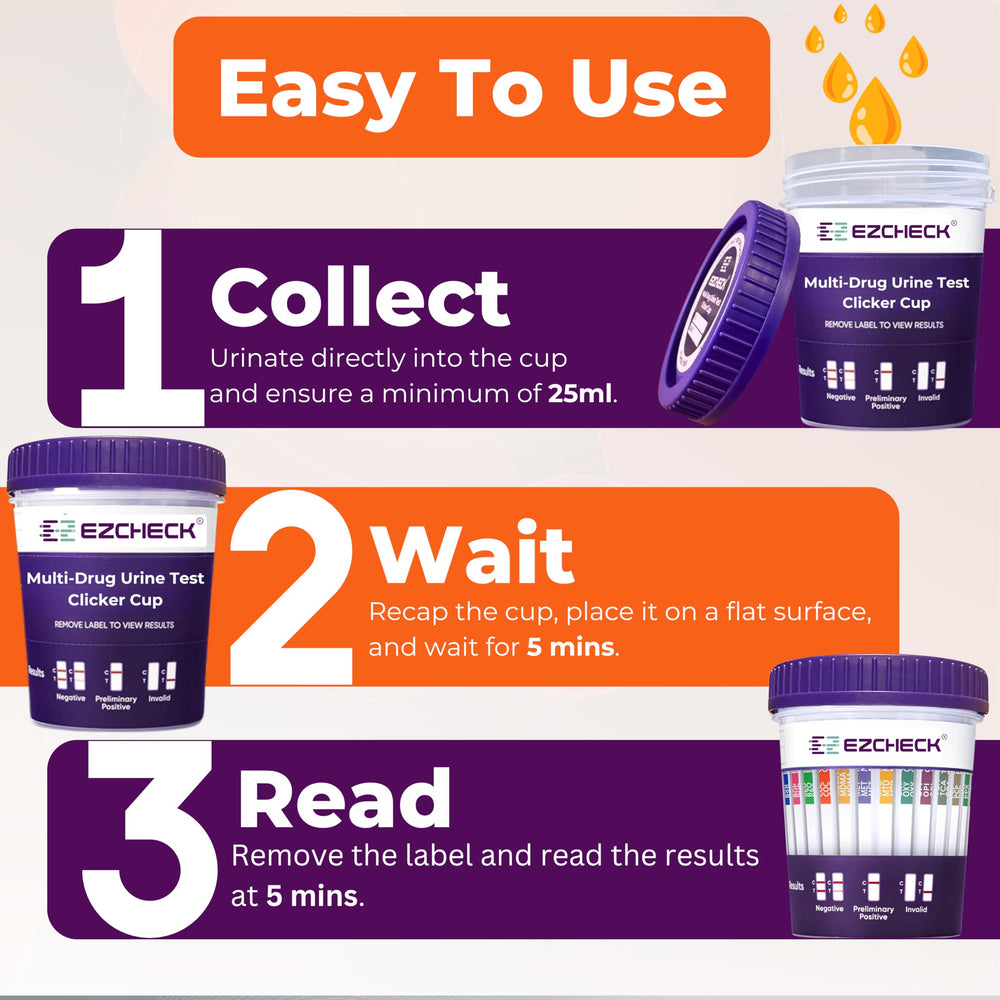 EZCHECK 14-panel test cup packaging shows OTC readiness