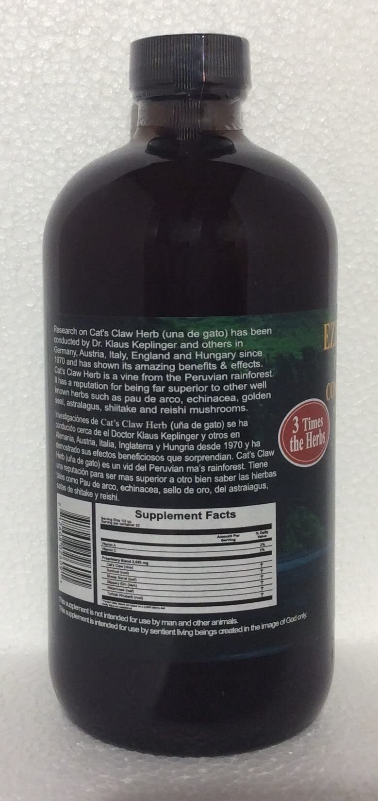 Ezzeac Plus ingredients label shows Cat's Claw and watercress for a robust blend.