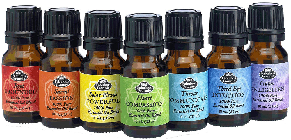 Fabulous Frannie Chakra Set seven bottles close-up demonstrates mood balance and ambient aroma.