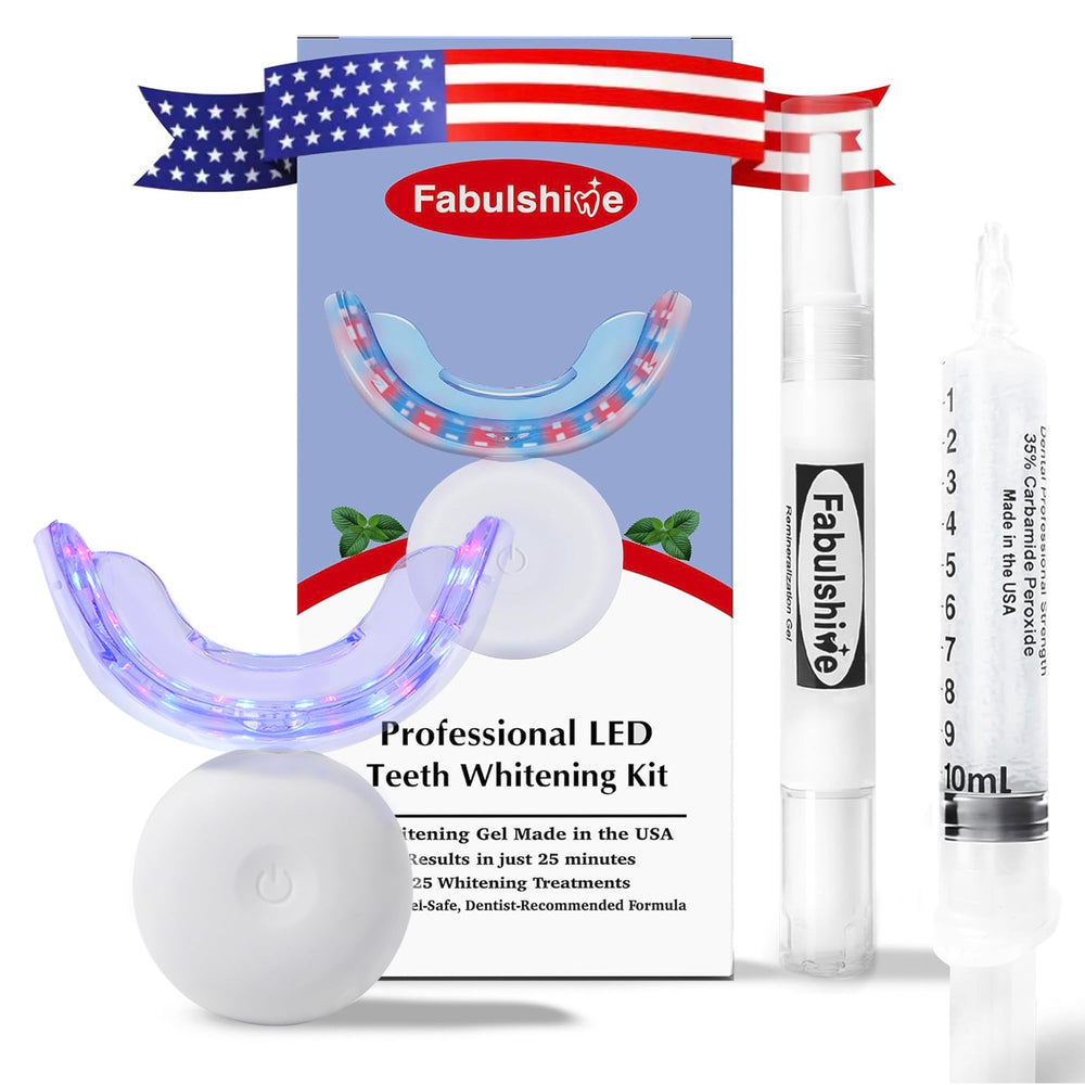 Fabulshine American Teeth Whitening Kit box featuring gel, trays, and LED accelerator for home use.