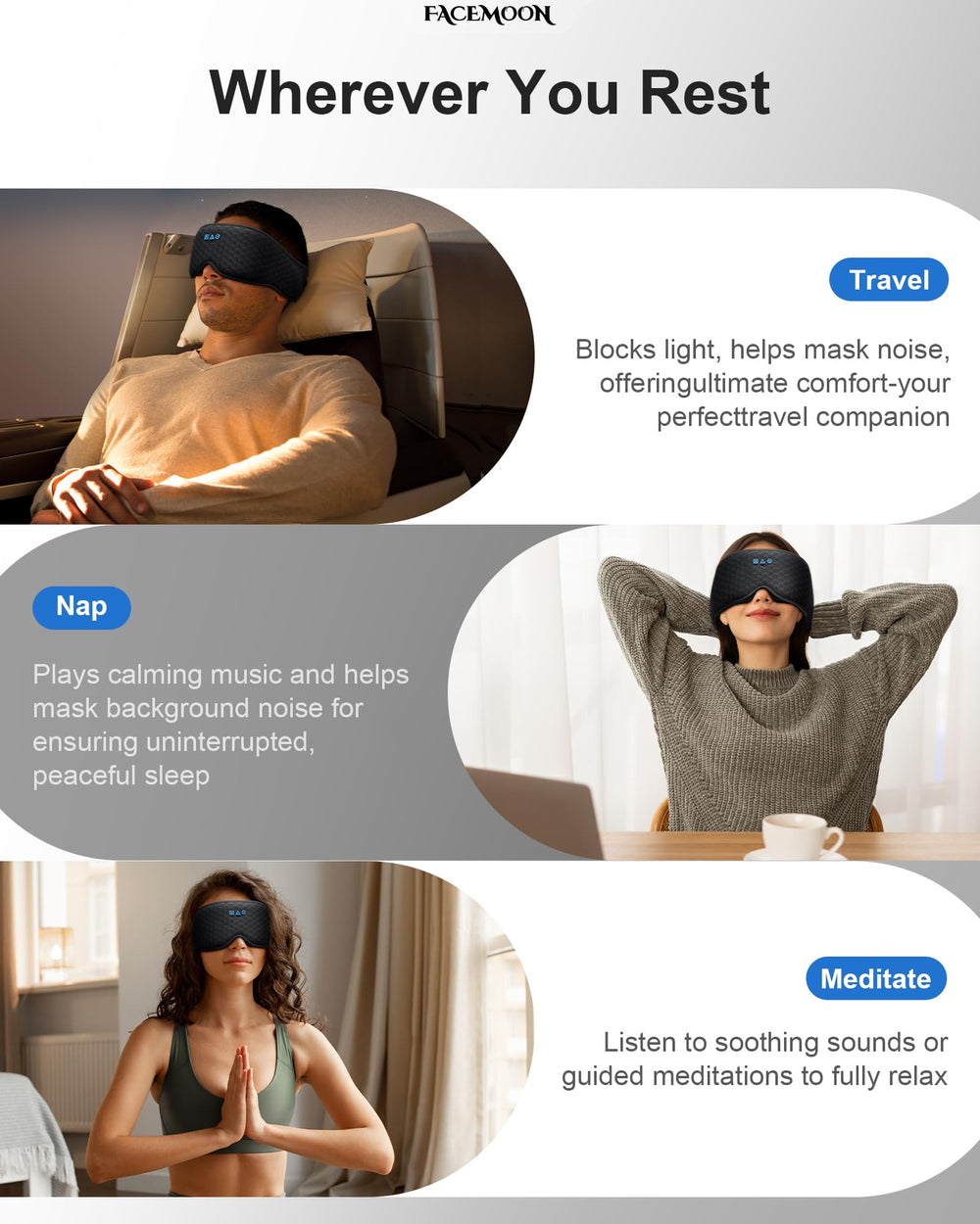 FACEMOON up to 13 hours of playback for overnight wear and travel