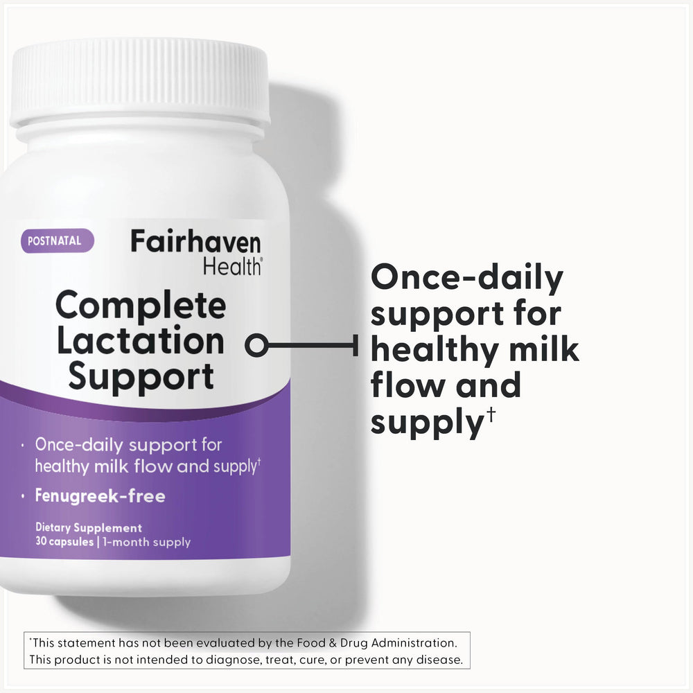 Label closeup of Fairhaven Health Complete Lactation Support displaying dosage and benefits