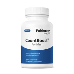 Fairhaven Health CountBoost bottle shown for fertility support on the go