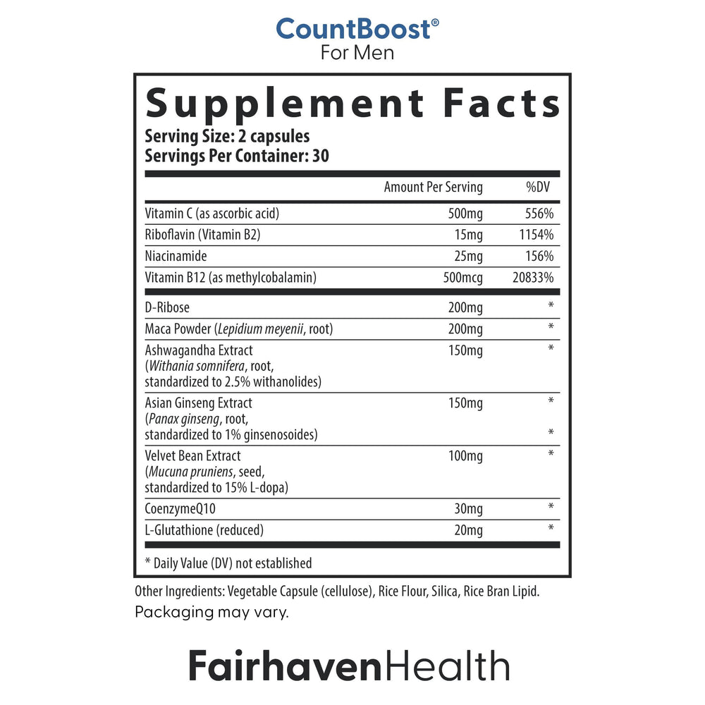 Fairhaven Health FertilAid CountBoost capsules closeup showing essential nutrients.