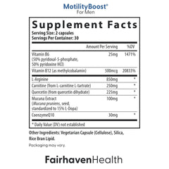 Fairhaven Health MotilityBoost capsules closeup emphasizes compact, easy daily dosing.