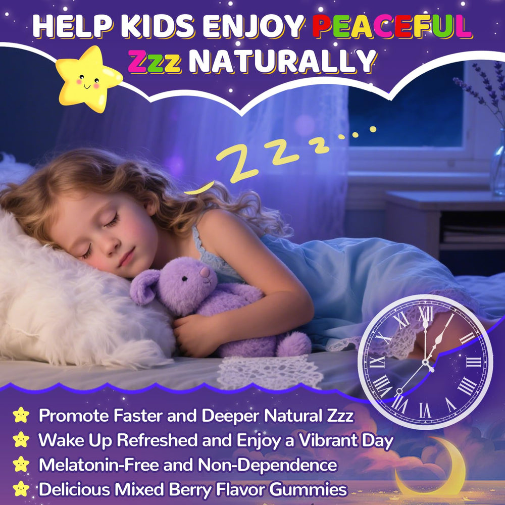 Melatonin-free symbol and child-friendly design indicating safe sleep support.