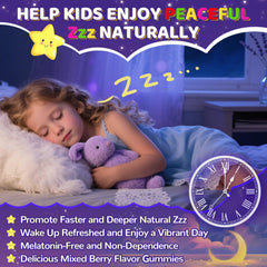 Melatonin-free symbol and child-friendly design indicating safe sleep support.