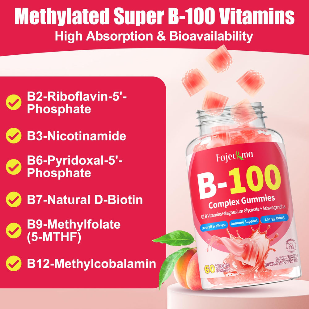 Fajeckma Vitamin B-100 Gummies label panel showing bioactive B vitamins