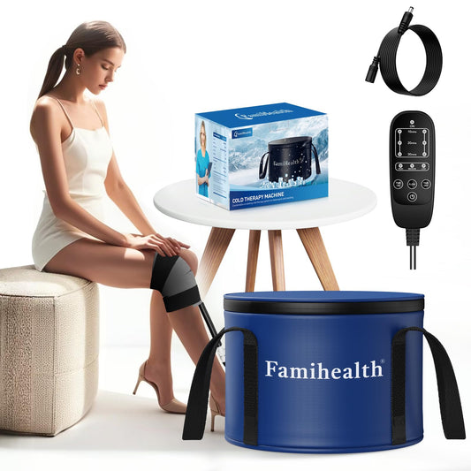 FamiHealth knee cold therapy front view for post-op swelling relief.