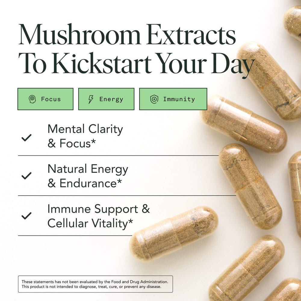 Fantastic Fungi bottle pour shows easy daily two-capsule dose for energy.