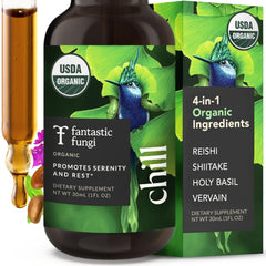 Fantastic Fungi Chill Elixir bottle shows calming mood-support blend.